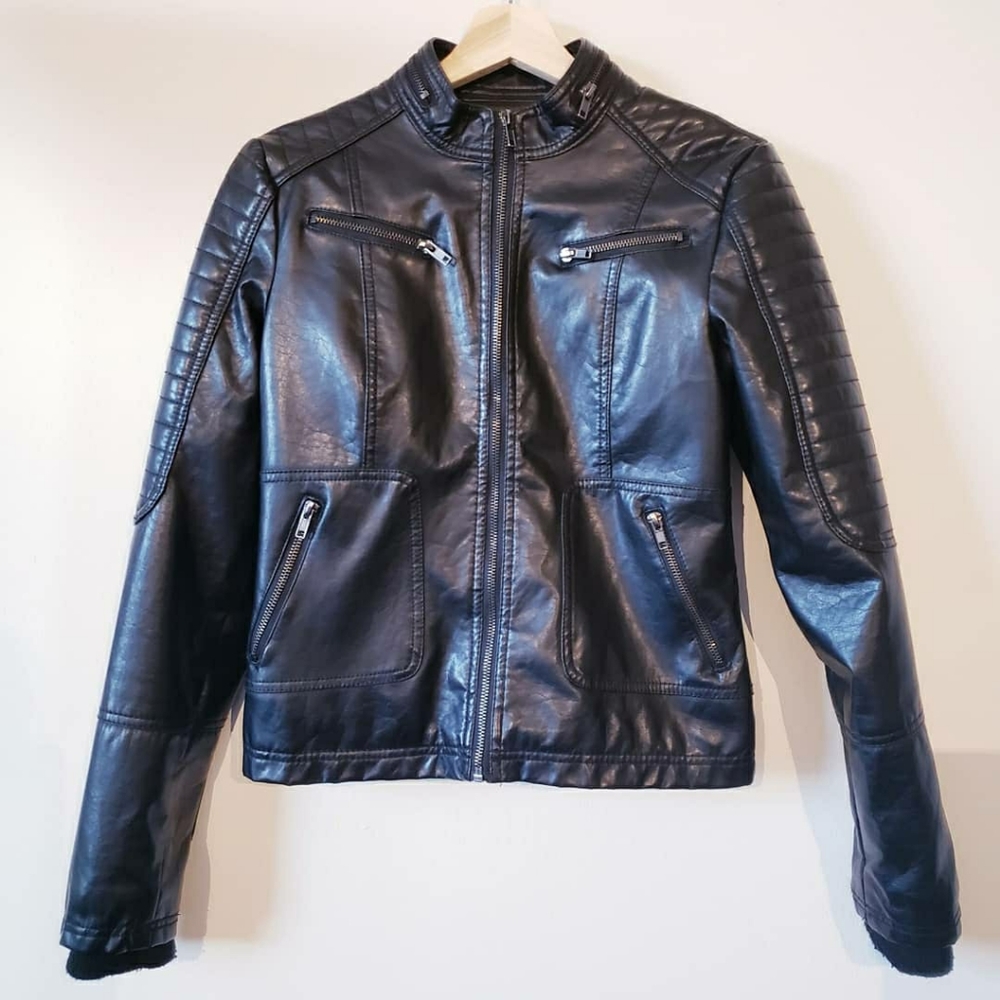 Black Faux leather jacket moto bike coat ribbed